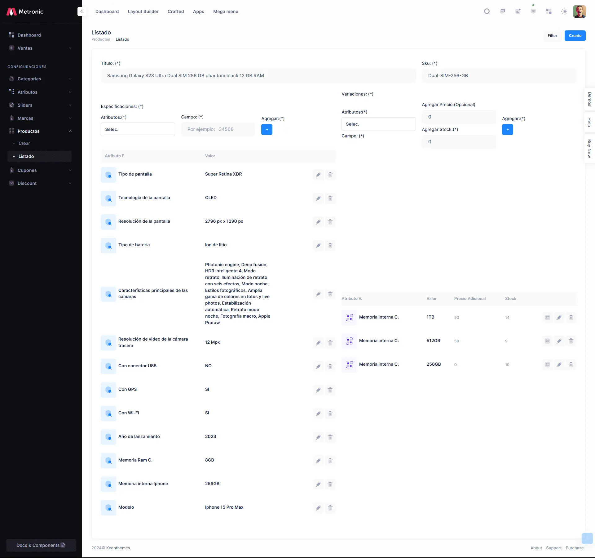 Variaciones y Especificaciones de Productos