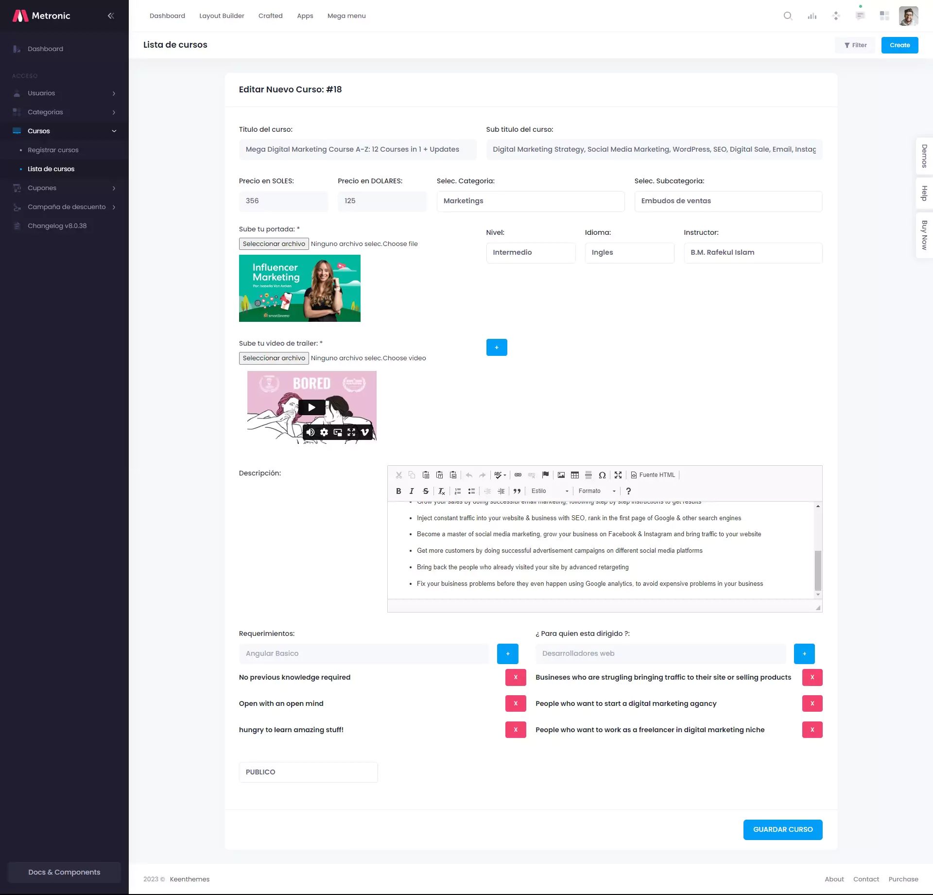 Formulario de crear un curso